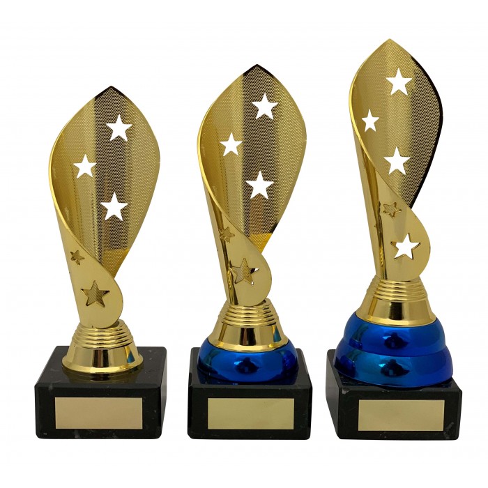 GYMNASTICS STAR TWIRL TROPHY - 3 SIZES AVAILABLE - BLUE & GOLD